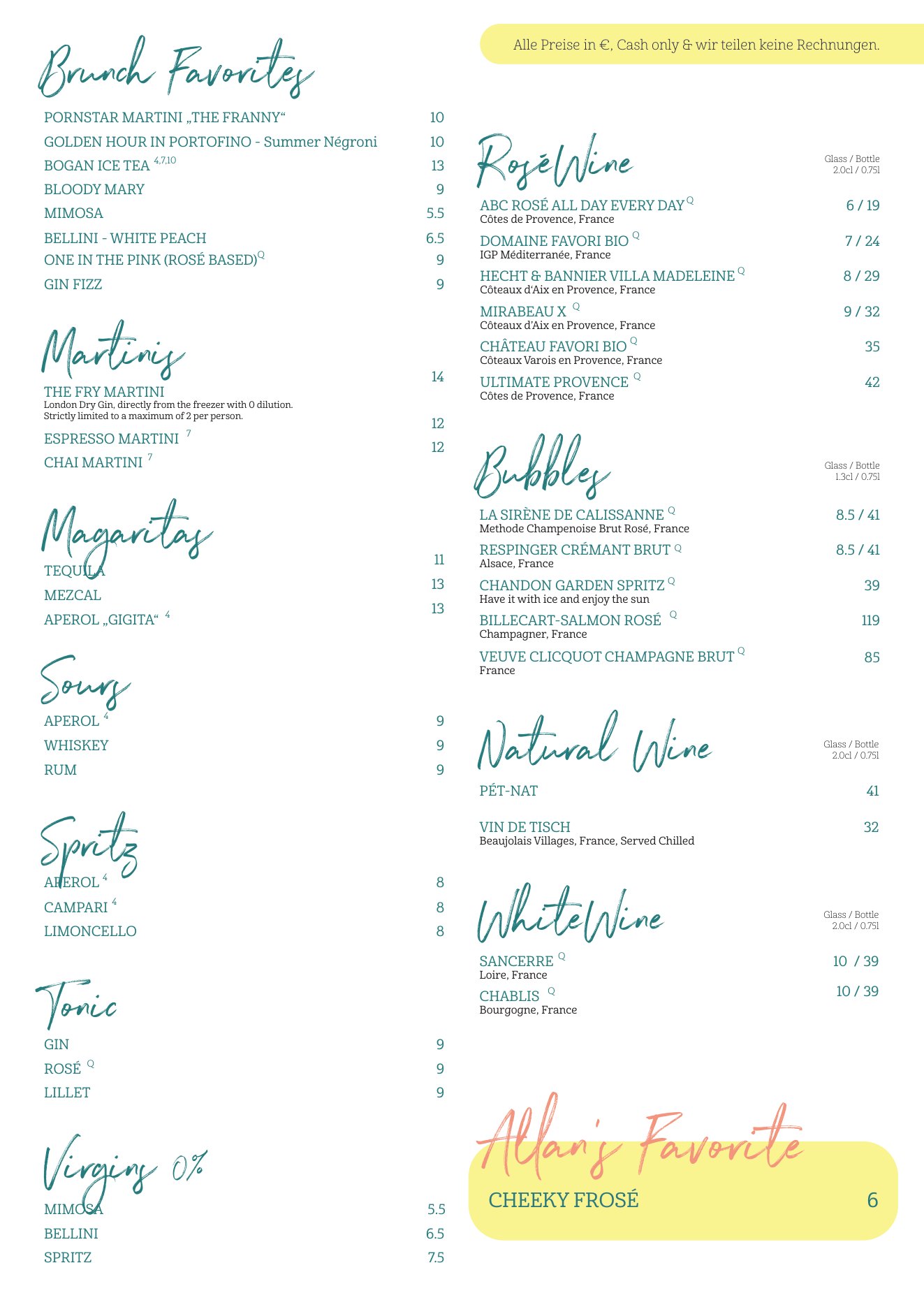 Drinks menu, page 2 of 2
